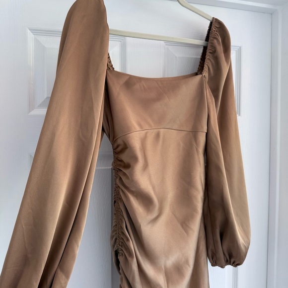 EMORY PARK Bronze Brown Satin Slinky Cinch Side Mini Dress Long Sleeve S - Picture 5 of 10